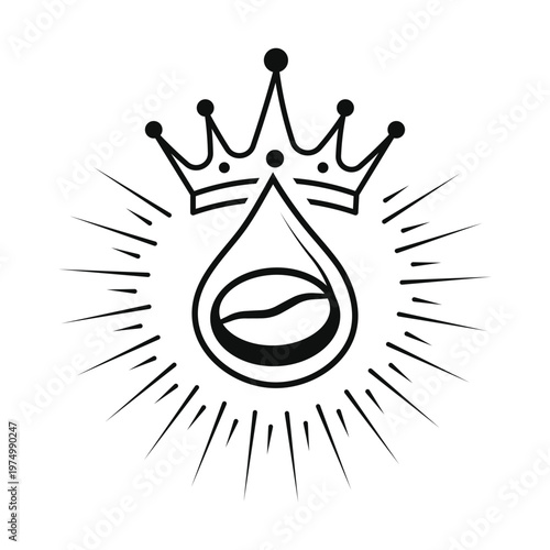 Royal Coffee Bean Logo with King Crown Icon and Sunburst Rays Isolated on White 2