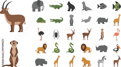Wild Animals Collection with Antelope, Elephant, Lion, Giraffe, Zebra, Rhino, Crocodile, Fish and More Flat Vector Wildlife Illustrations for Nature Design.