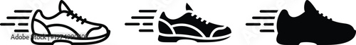 Running Shoe Icon Set with Minimalist Outline and Silhouette Styles Featuring Speed Lines.