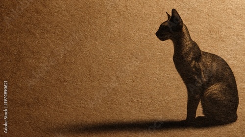 Silhouette of a domestic cat sitting on textured brown background, showcasing distinct features and posture in a minimalist style
