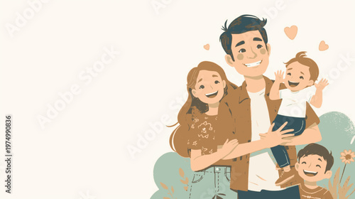 A cheerful and loving illustration of a happy family with young children, embracing joy and togetherness in a heartwarming scene