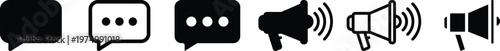 Communication icon set for social media marketing message bubble and megaphone announcement symbol.