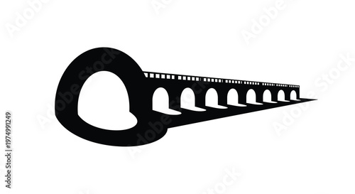 A stylized black and white illustration depicts a key shaped like a roman aqueduct high quality