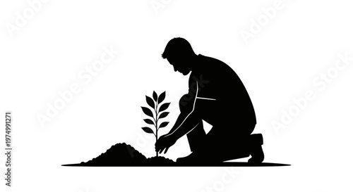 Planting tree, gardening icon, silhouette illustration, eco friendly symbol, environmental conservation