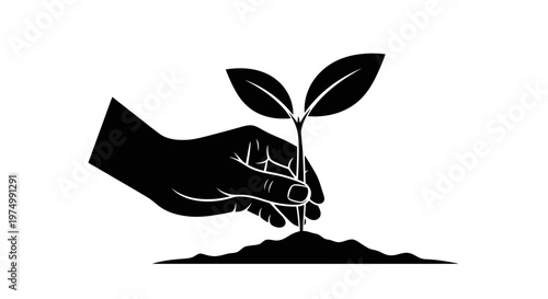 Eco friendly hand holding seedling, plant growth, sustainability icon, environmental care symbol