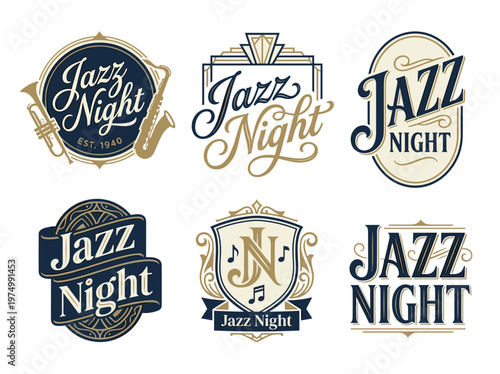 Jazz Night typography logo collection: elegant script lettering with art deco music icons.