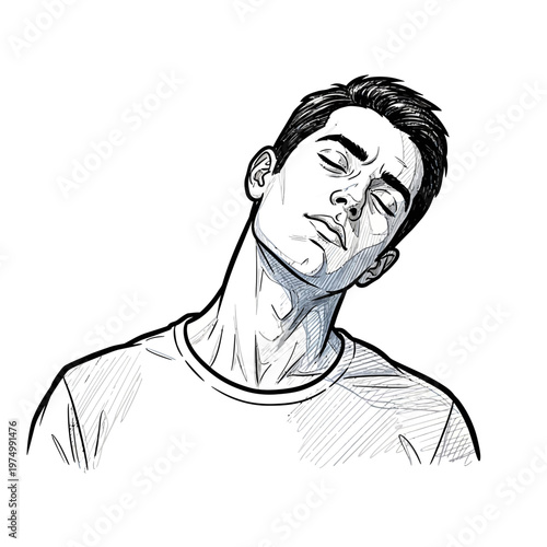 Man with eyes closed, head tilted back, wearing a t-shirt, sketch style