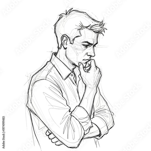 Man thinking, hand on chin, looking down, pensive expression, sketch style
