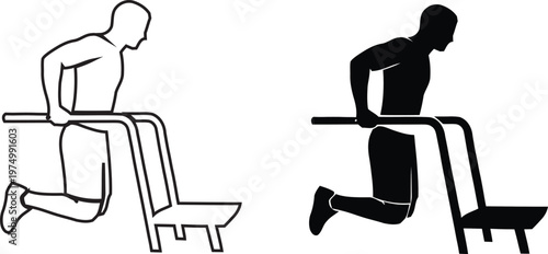 Triceps dip exercise icon set for fitness workout and bodyweight training silhouette with gym equipment parallel bar instruction