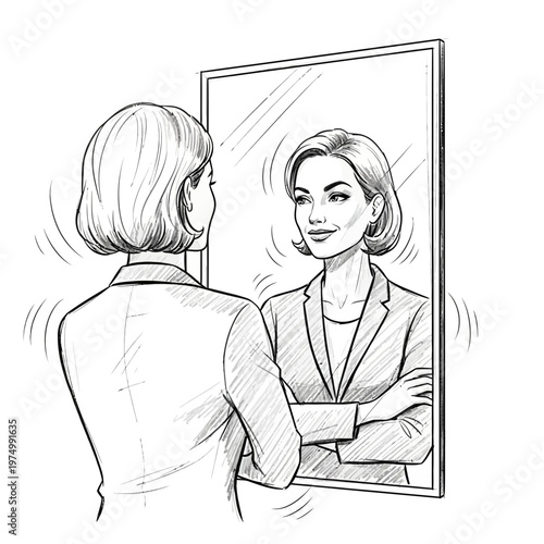 Woman in business suit looking in mirror, confident reflection