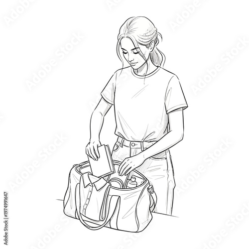Woman packing a duffel bag for travel, preparing for a trip, organizing belongings.