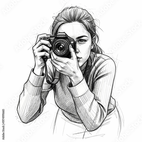 Woman photographer holding camera, capturing moment, artistic sketch style