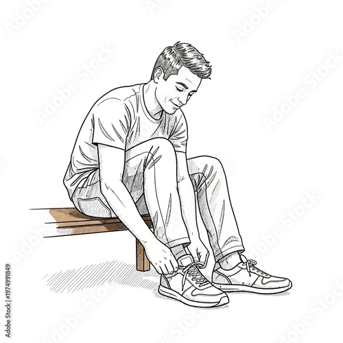 Young man sitting on bench tying shoelaces on sneakers