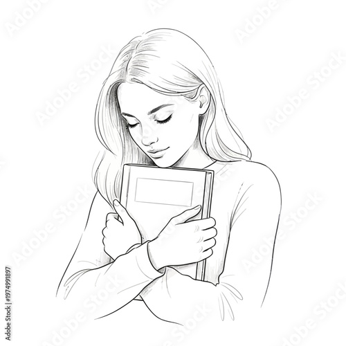 Young woman holding a book close, gentle expression, black and white sketch