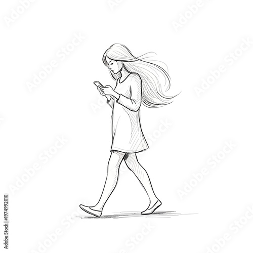 Young woman walking while looking at her smartphone, long hair blowing in the wind.