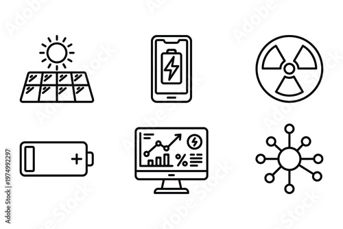 Nuclear and renewable energy monitoring icons with monitoring electricity charging analysis radioactive radiation connection capacity