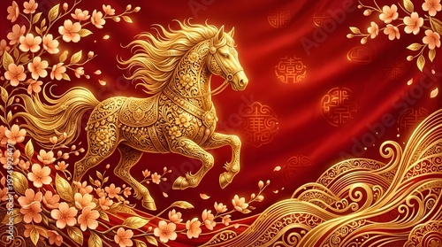 Golden horse running among cherry blossoms on ornate red background