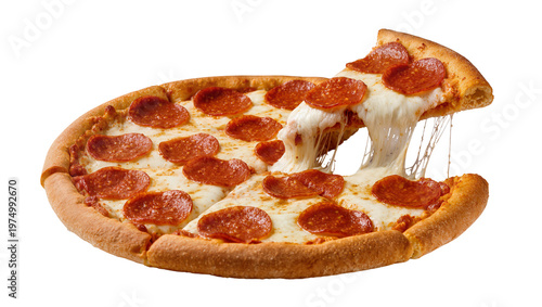 Foto Isolated Pepperoni pizza with a pulled slice and delicious melted mozzarella cheese stretching