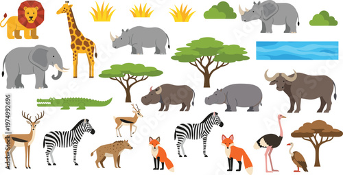 African Safari Animals and Nature Elements Set with Lion, Elephant, Giraffe, Zebra, Rhino, Trees, Water and More Flat Vector Wildlife Illustrations for Design.
