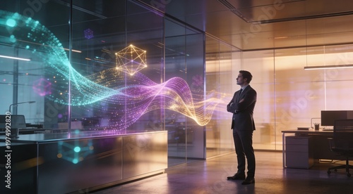Visionary businessman observing advanced digital data visualization on a transparent screen in a modern office, representing future technology and innovation