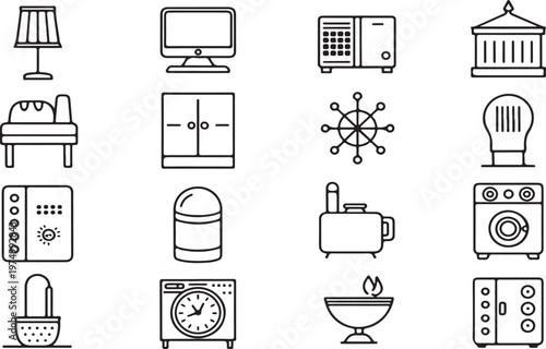Set of line art icons representing household appliances and furniture lamps computers appliances decorative elements
