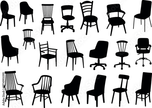 Chair silhouette set with various furniture styles including office, dining, wooden and modern seats isolated on white background
