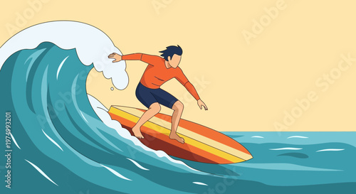 Dynamic Surfer Riding A Cresting Ocean Wave Illustration