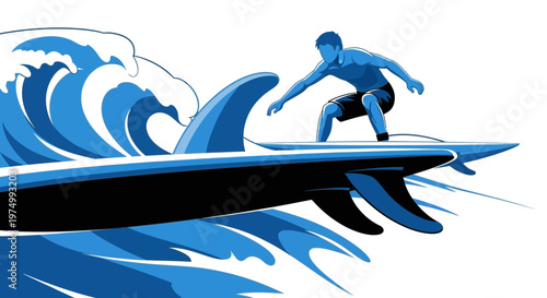 Dynamic Surfer Riding a Cresting Wave Illustration