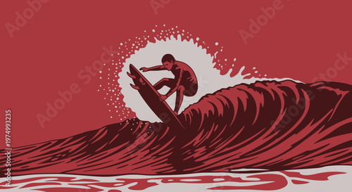 Dynamic Surfer Riding A Cresting Wave In Minimalist Red Style