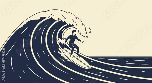 Dynamic Surfer Riding a Majestic Barrel Wave Illustration Style
