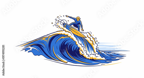 Dynamic Surfer Riding A Majestic Ocean Wave Illustration