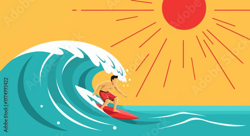 Dynamic Surfer Riding A Powerful Ocean Wave Under A Bright Sunny Sky Illustration