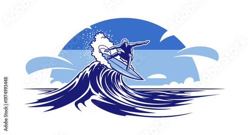 Dynamic Surfer Riding A Powerful Ocean Wave Under A Stylized Sky