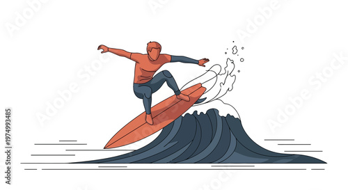 Dynamic Surfer Riding A Powerful Wave In Stylized Illustration