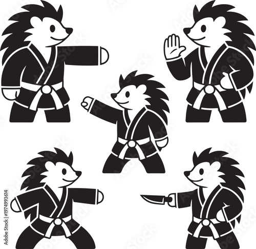 Hedgehog martial arts character collection with 5 silhouettes in karate poses and combat stance
