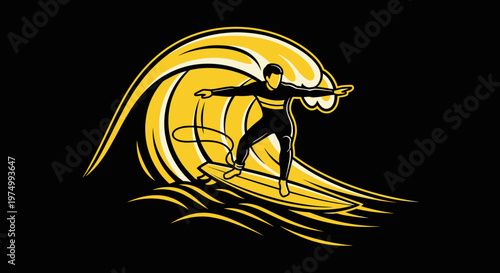 Dynamic Surfer Riding An Enormous Golden Wave Illustration On Black Background
