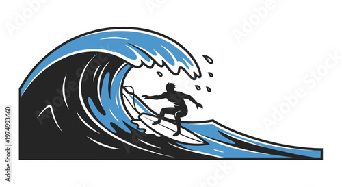 Dynamic Surfer Riding An Enormous Ocean Wave In A Stylized Illustration