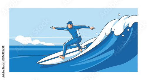 Dynamic Surfer Riding Blue Wave Ocean Watersport Adventure