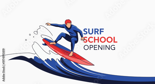 Dynamic Surfer Riding Wave Announcing Surf School Grand Opening Announcement