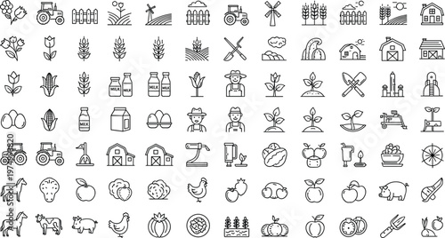 Comprehensive Agriculture and Organic Farming Vector Icon Set Featuring Farm Animals Crops Tractors and Gardening Tools in Linear Style for Rural Industry Graphic Design