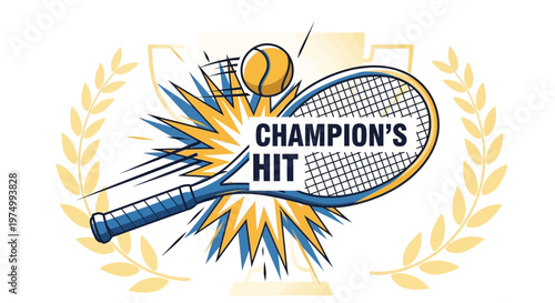 Dynamic Tennis Champion Hit Tennis Racket and Ball Emblem
