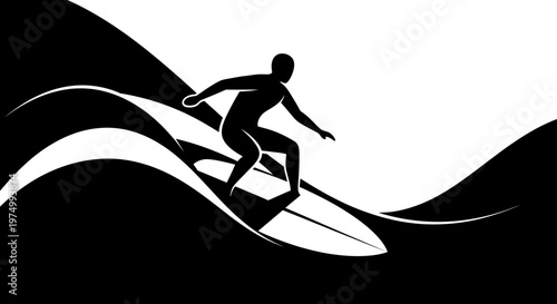 Dynamic Surfer Silhouette Riding a Stylized Wave