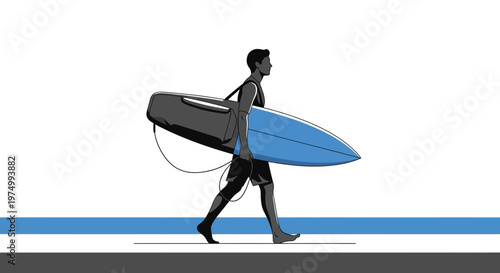 Dynamic Surfer Striding With Blue Board And Gear