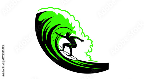 Dynamic Surfer Silhouette Riding Green Wave