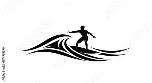 Dynamic Surfer Silhouette Riding Stylized Ocean Waves Emblem