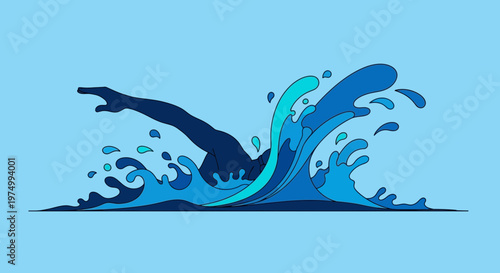 Dynamic Swimmer Captures Motion In A Splash Of Vivid Blue Water Illustration