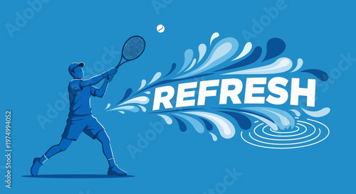 Dynamic Tennis Player In Action With Refreshing Water Splash And Text