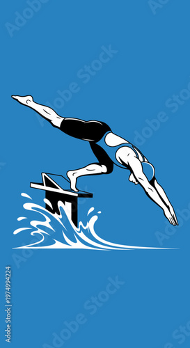 Dynamic Swimmer Plunges Into Water From Starting Block Excelling