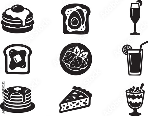 Diverse Collection of Food and Drink Icons for Breakfast, Lunch, and Dessert Menus