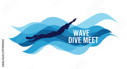 Dynamic Swimmer Silhouette Against Blue Water Waves And Text